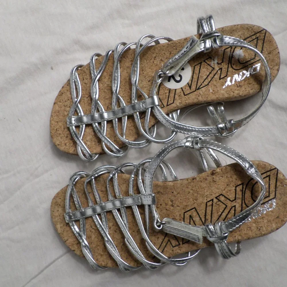 DKNY Silver Strap Sandals W/ Brown Bottoms Girls Size 12